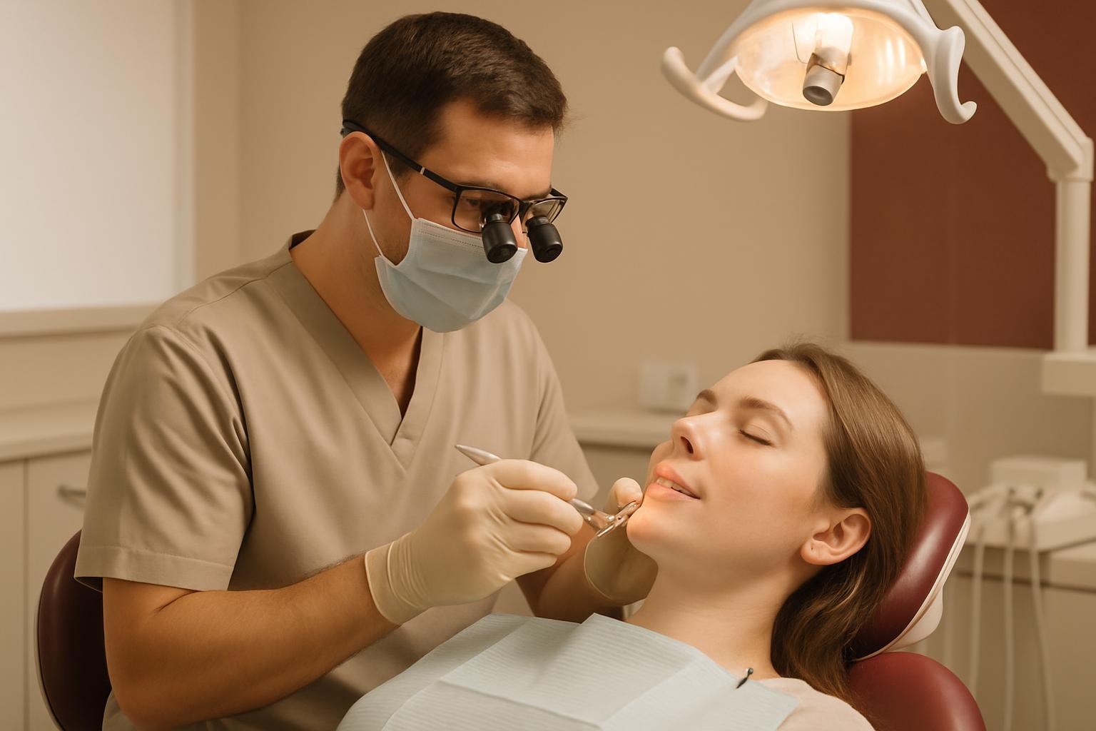 Dentista realizando tratamento com lupas de aumento