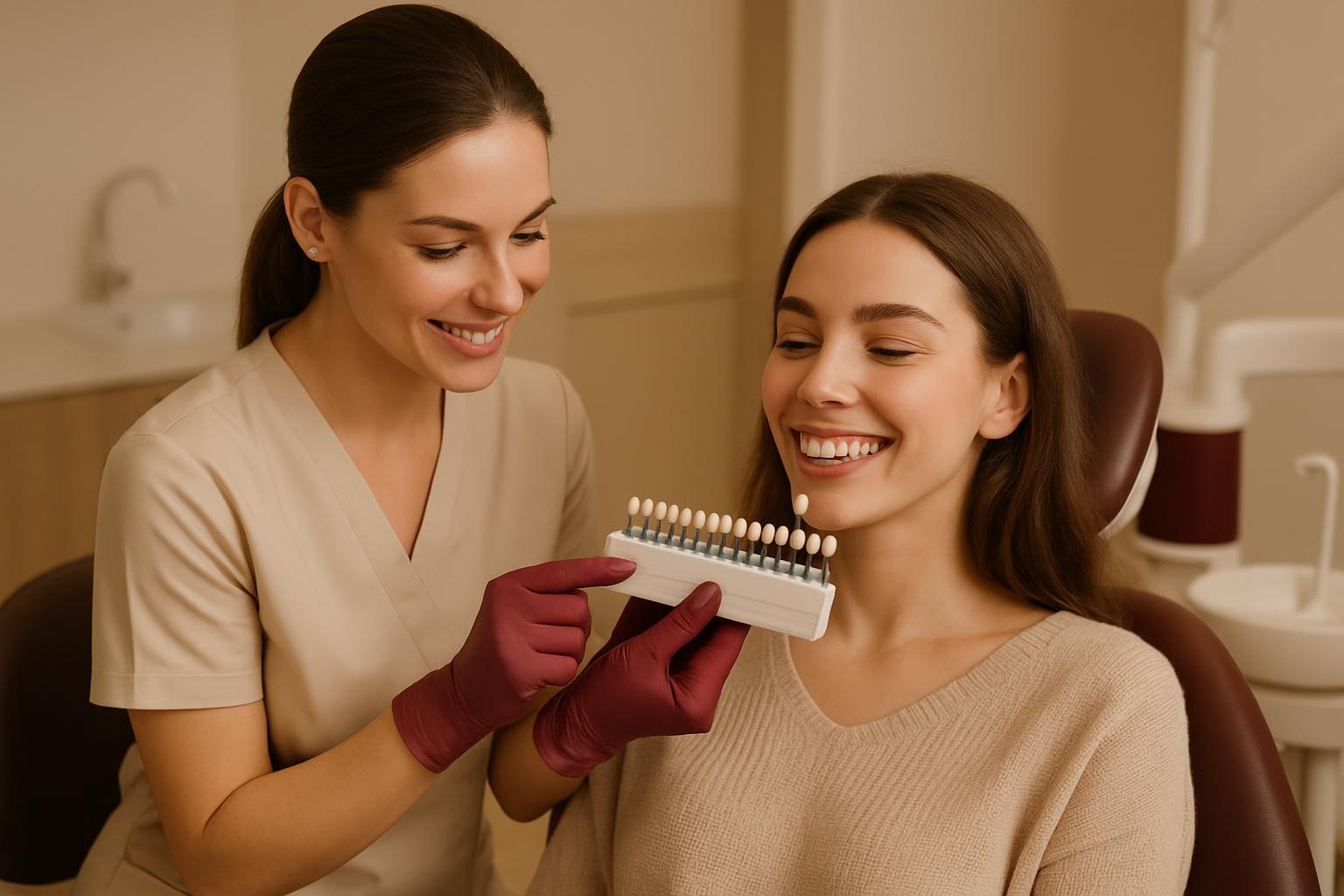 Dentista comparando a cor dos dentes com escala de clareamento