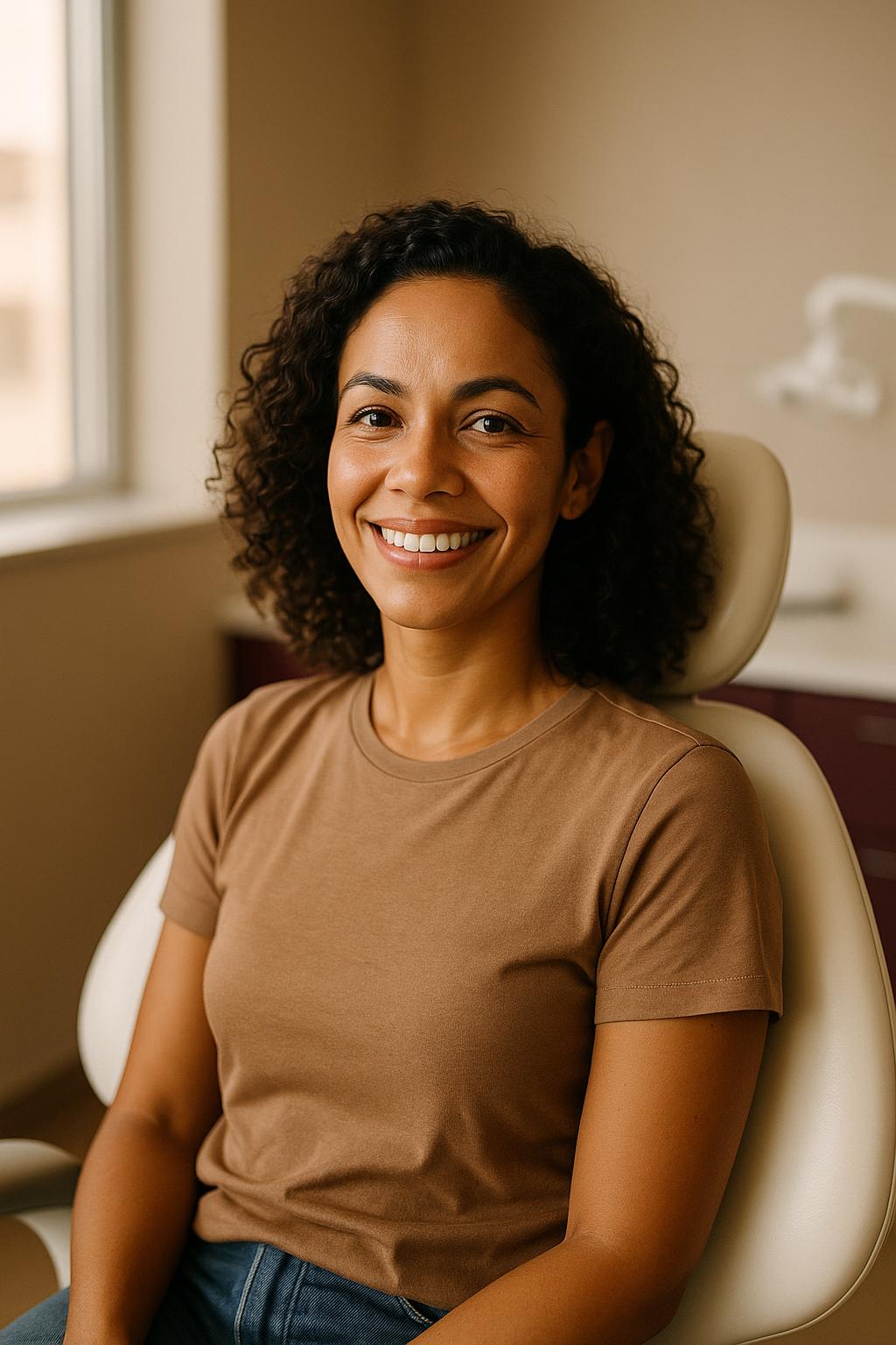 Paciente sorrindo em consultório da Clínica Mondelli