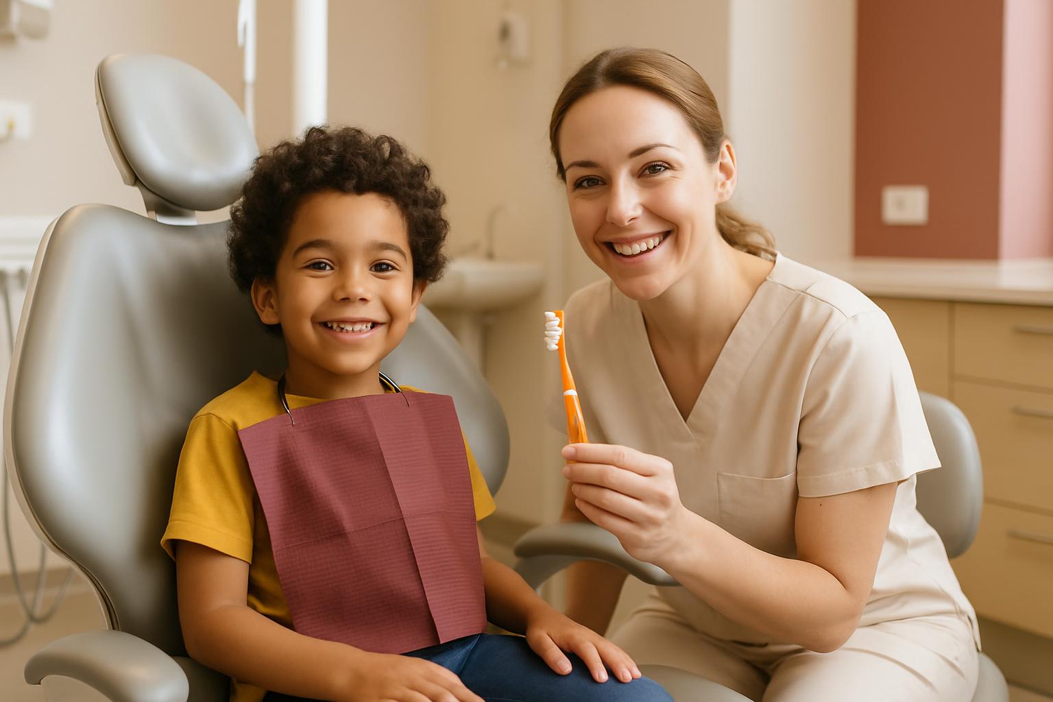 Criança sorrindo na cadeira do dentista